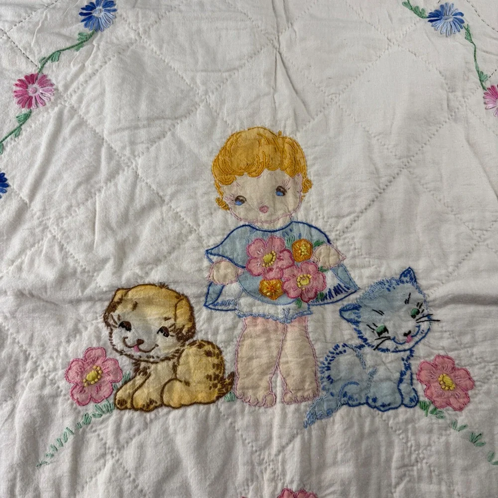 VTG Handmade Baby Quilt Nursery Crib Cream Pink Hand Embroidered Cat Dog 33x42